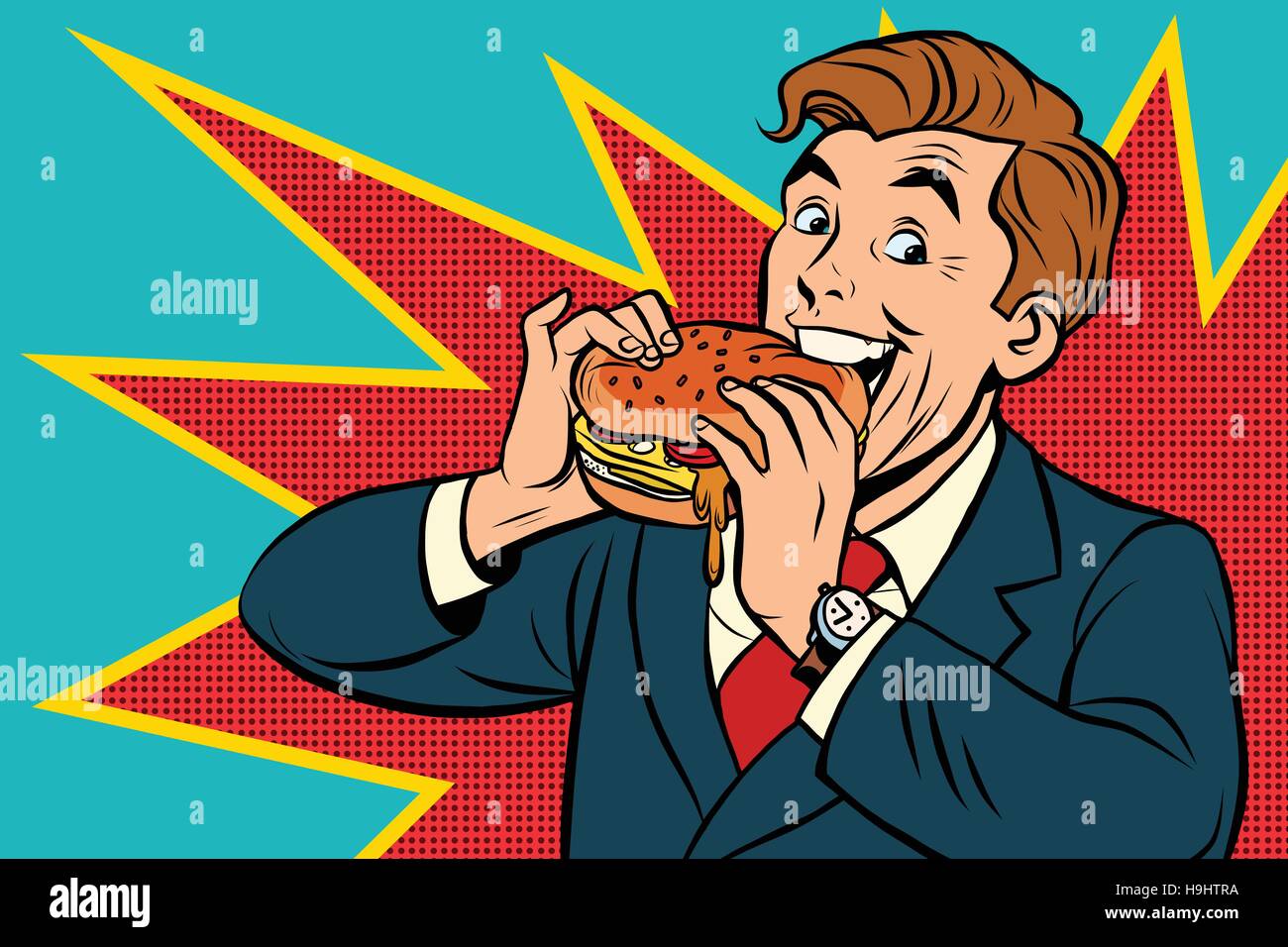 Pop art homme mangeant un hamburger Illustration de Vecteur