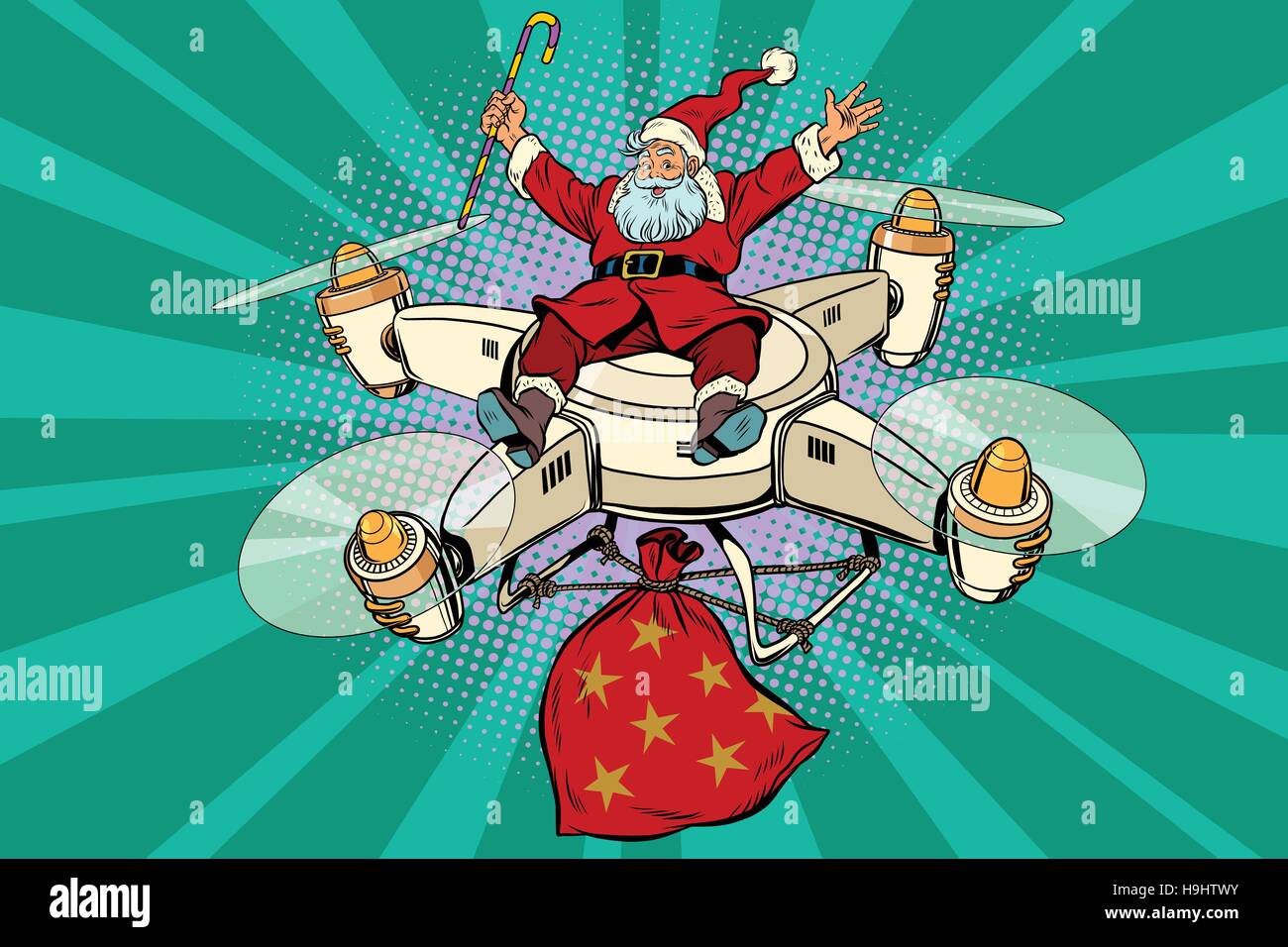 Père Noël rétro vole sur le drone Illustration de Vecteur