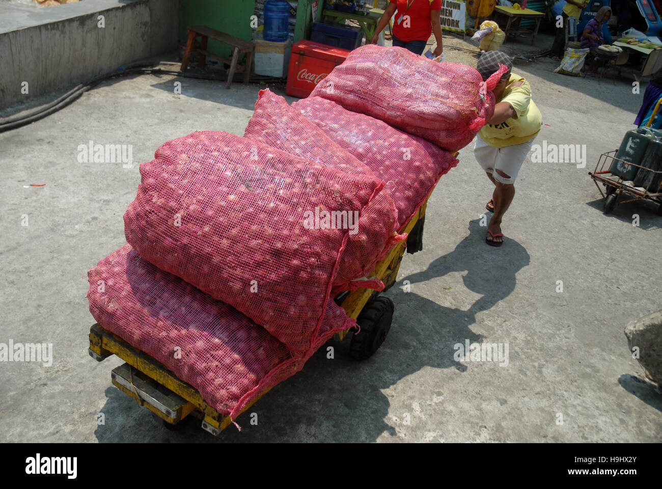 Man pushing trolley avec gros sacs d'oignons, le port d'IloIlo, Philippines. Banque D'Images