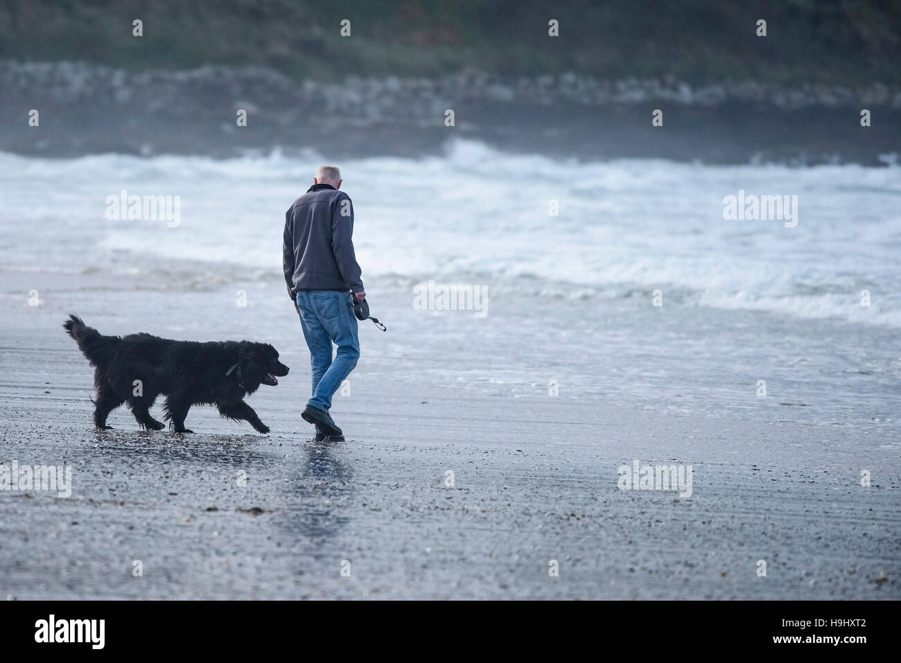 Un homme promène son chien sur la plage de Fistral, Newquay, Cornwall. Banque D'Images