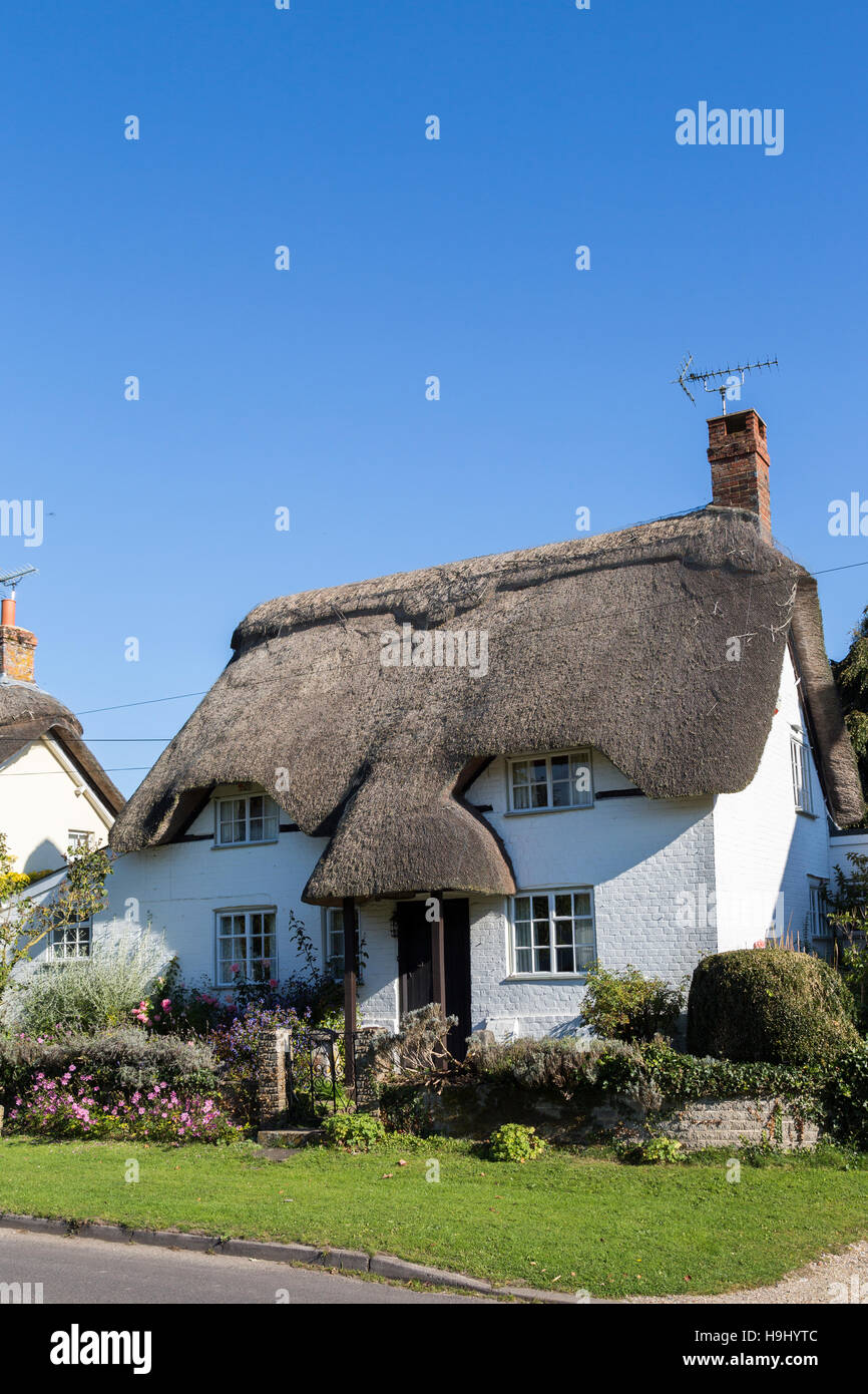 Maison au toit de chaume dans le village de Martin, Hampshire, Royaume-Uni Banque D'Images