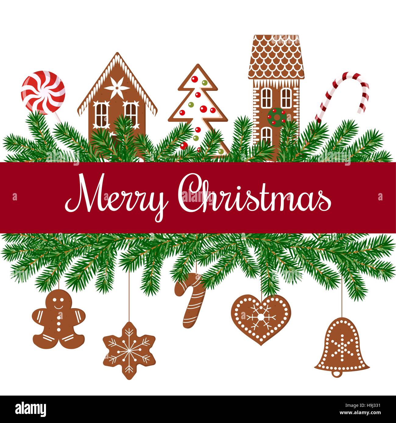 Joyeux Noël salutations. arbre de Noël guirlandes avec les chiffres d'épice, ruban rouge, ornament balls, fairy lights, archets. Vector illustration. Pour postc Illustration de Vecteur