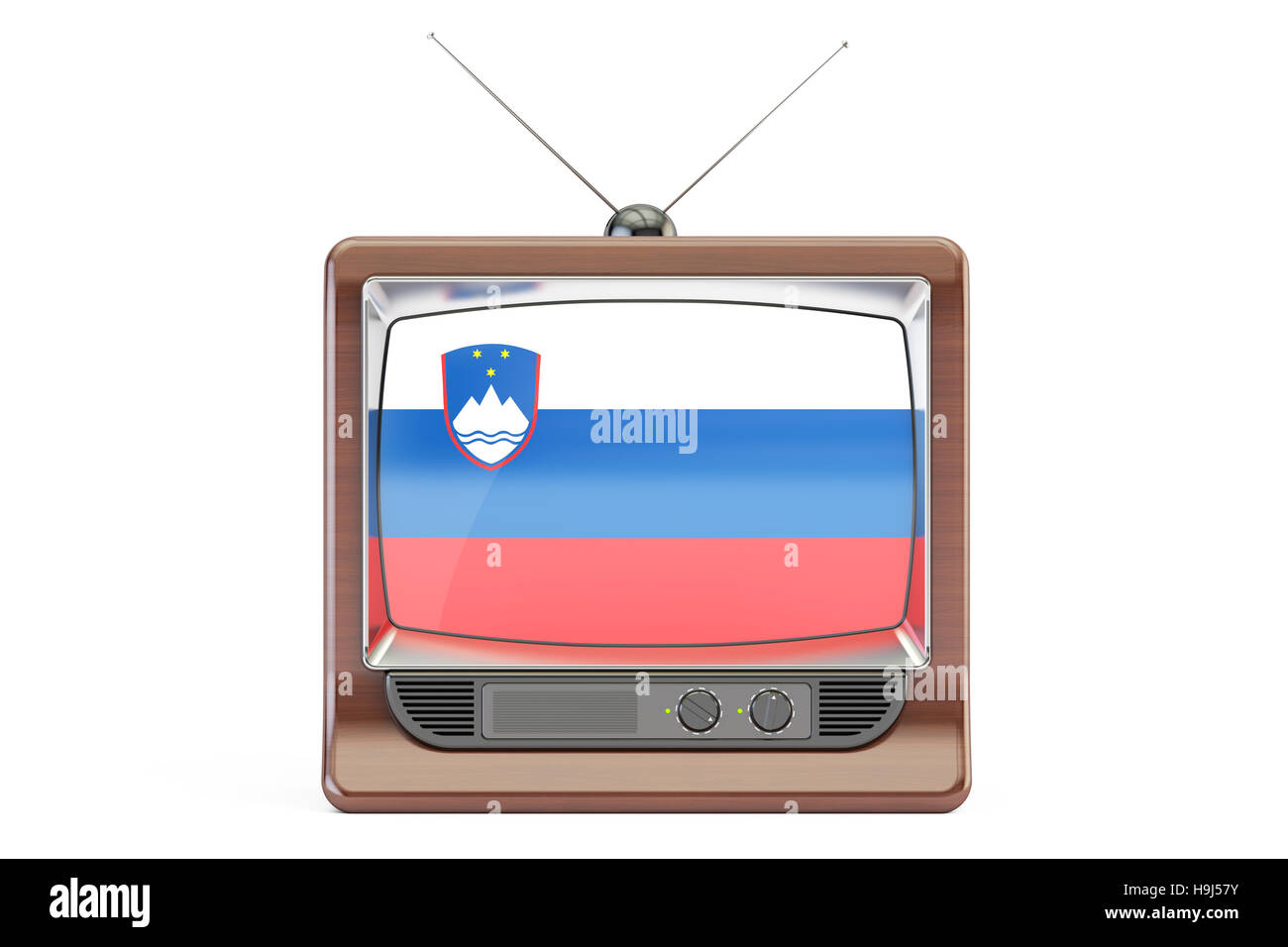Vieux téléviseur avec le drapeau de la Slovénie. Concept de la télévision slovène, rendu 3D Banque D'Images Vieux téléviseur avec le drapeau de la Slovénie. Concept de la télévision slovène, rendu 3D Banque D'Images