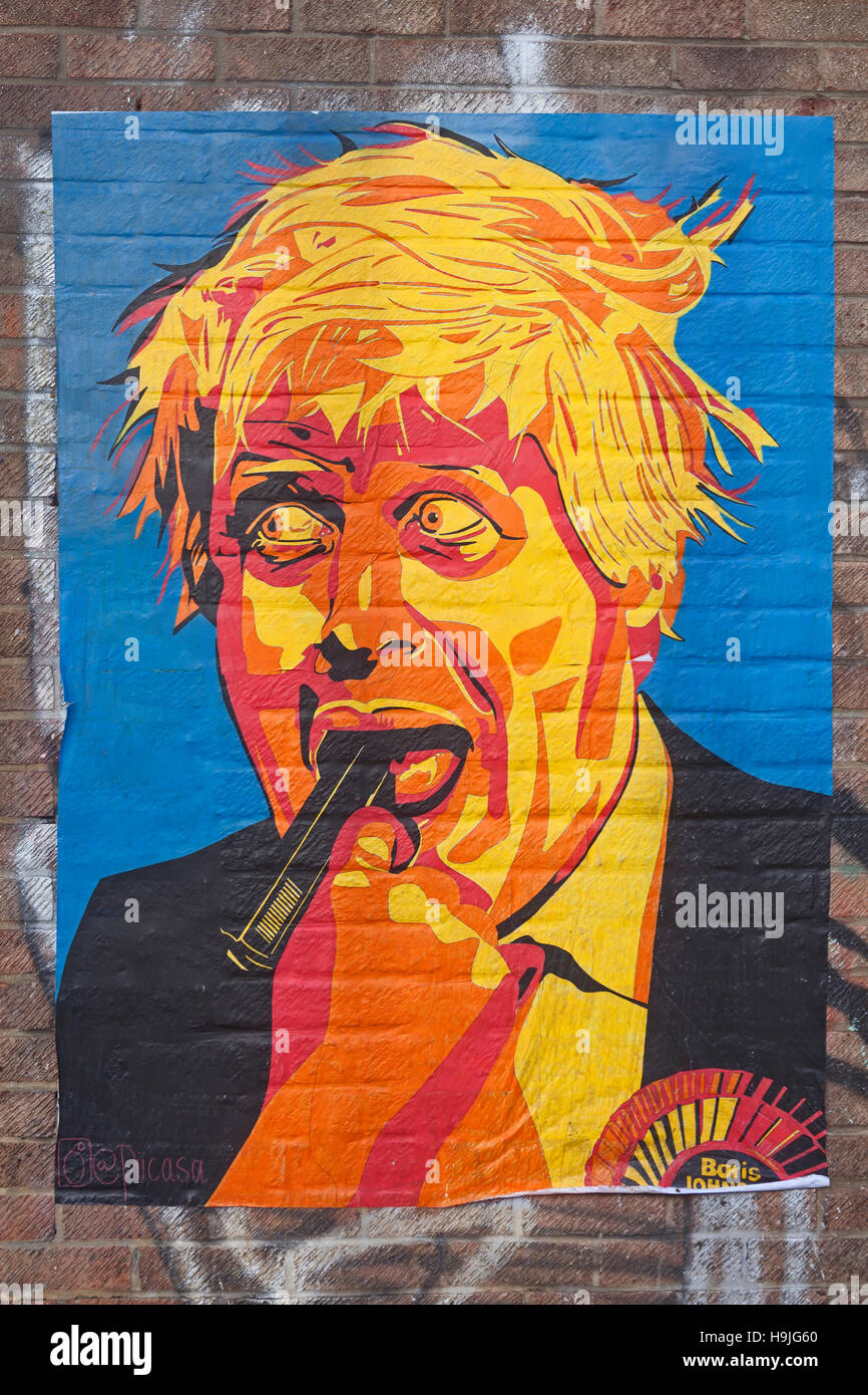 London Shoreditch, un poster de Boris Johnson sur un mur dans la rue commerciale Banque D'Images