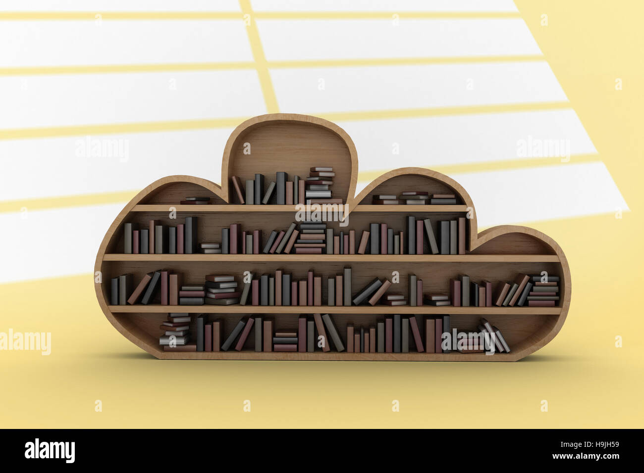 Image composite de livres sur des étagères en bois en forme de nuage Banque D'Images