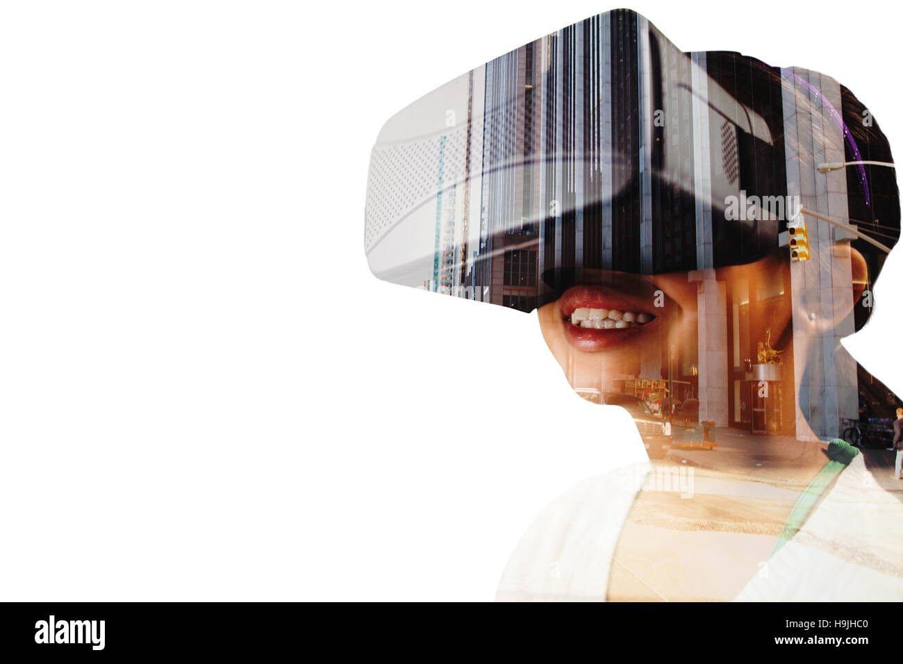 Composite image little girl holding lunettes virtuelles Banque D'Images