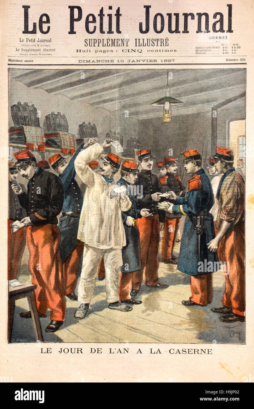 Le jour de l'an à la caserne ; Le Petit Journal supplement illustre soldats français recevant le jour de l'An janvier 1897, cartes Banque D'Images