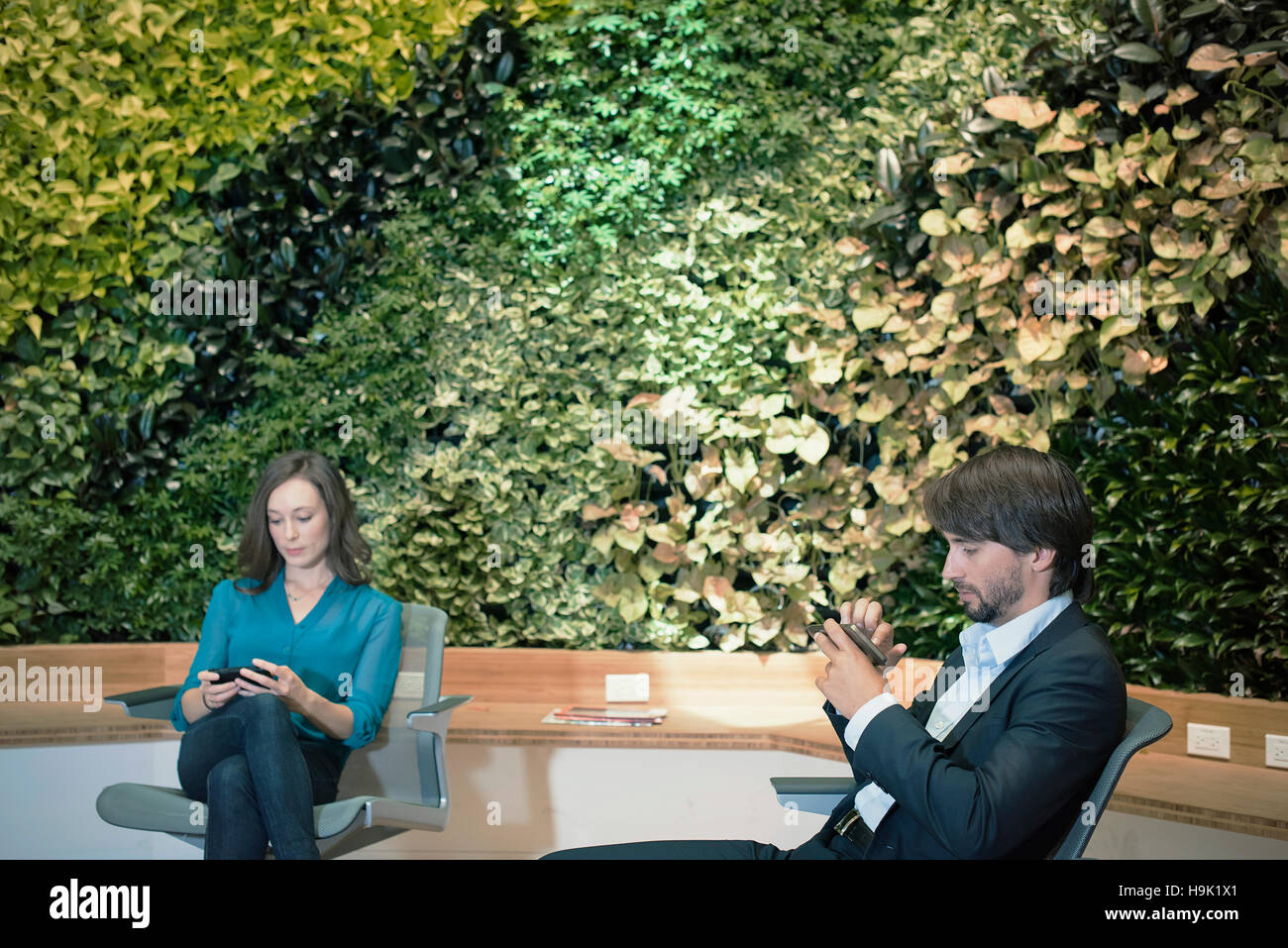 Les gens d'affaires avec les téléphones intelligents en face de mur végétal vert Banque D'Images