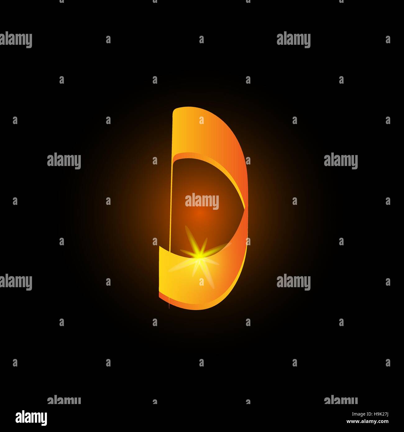 Style arabe d'or Lettre d. Icône de l'élément de l'alphabet latin brillant sur fond noir. Calligraphie orientale design. Vector illustration décorative Fiery Illustration de Vecteur