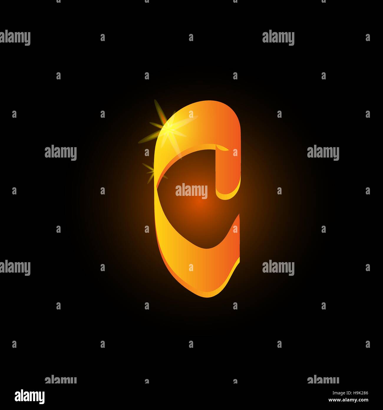 Style arabe d'or lettre c. Icône de l'élément de l'alphabet latin brillant sur fond noir. Calligraphie orientale design. Vector illustration décorative Fiery Illustration de Vecteur