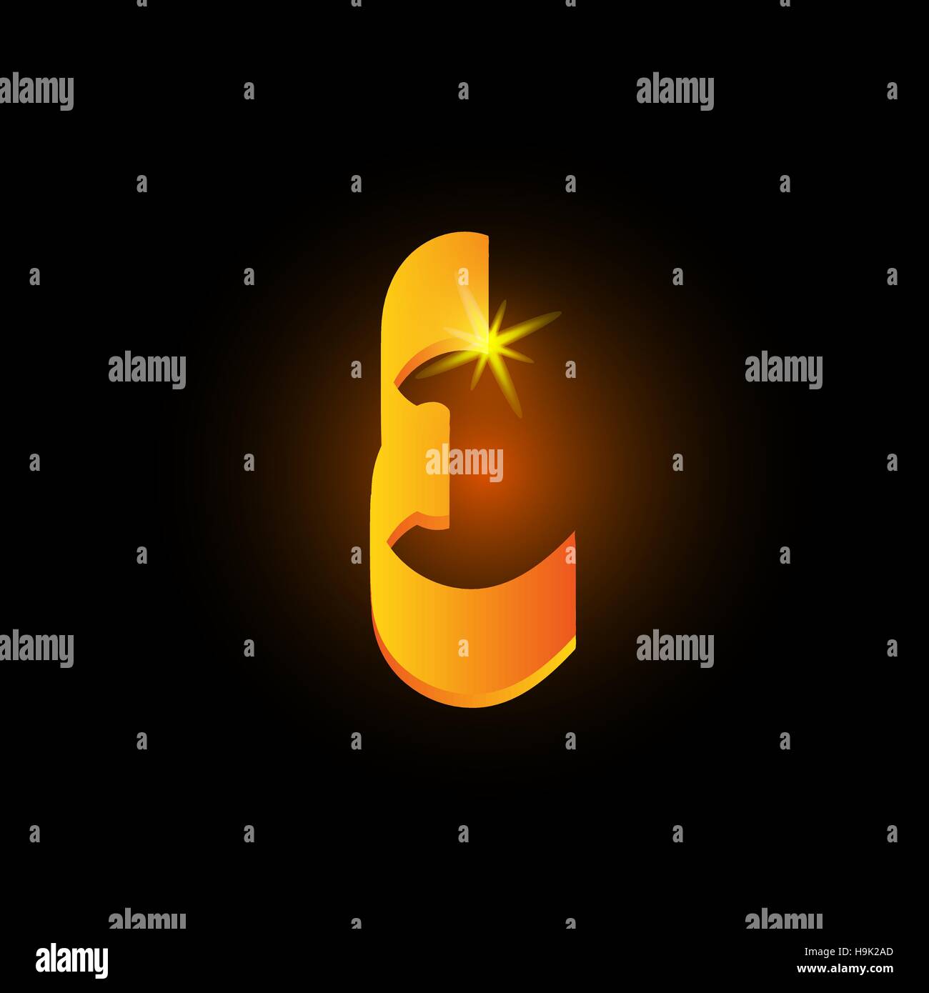 Style arabe d'or lettre e. Icône de l'élément de l'alphabet latin brillant sur fond noir. Calligraphie orientale design. Vector illustration décorative Fiery Illustration de Vecteur