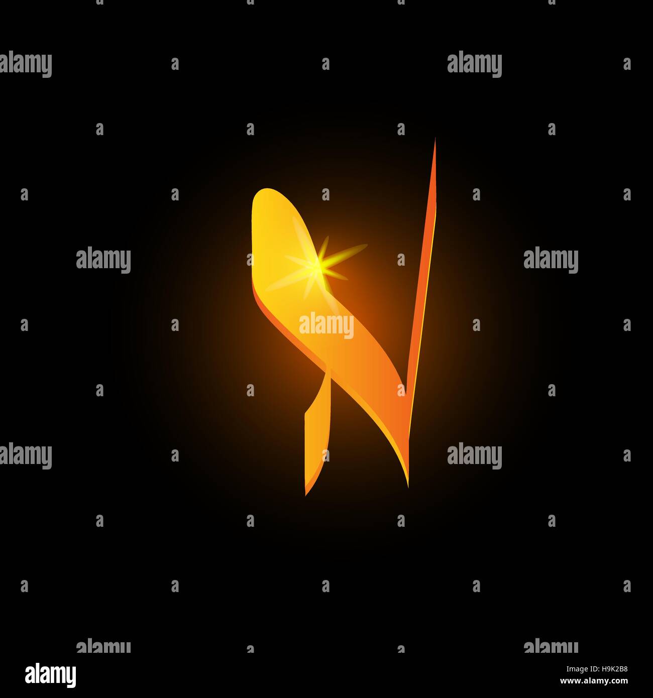 Style arabe d'or lettre n. Icône de l'élément de l'alphabet latin brillant sur fond noir. Calligraphie orientale design. Vector illustration décorative Fiery Illustration de Vecteur