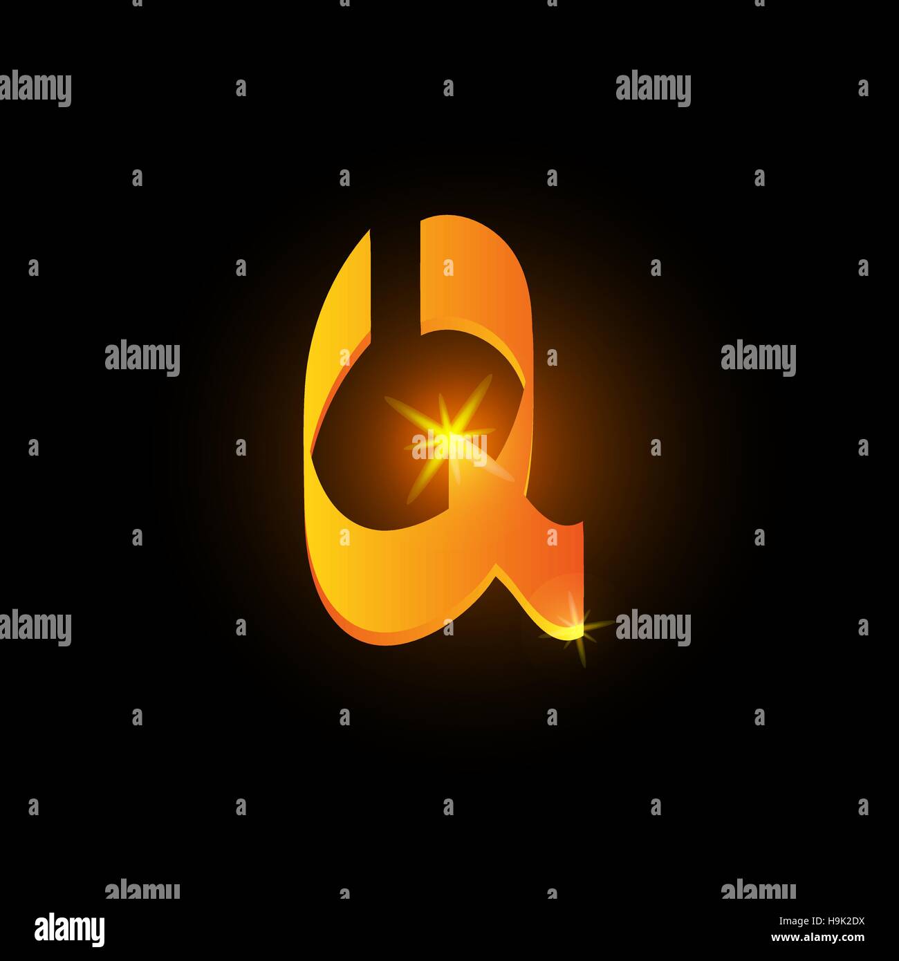 Style arabe d'or lettre q. Icône de l'élément de l'alphabet latin brillant sur fond noir. Calligraphie orientale design. Vector illustration décorative Fiery Illustration de Vecteur