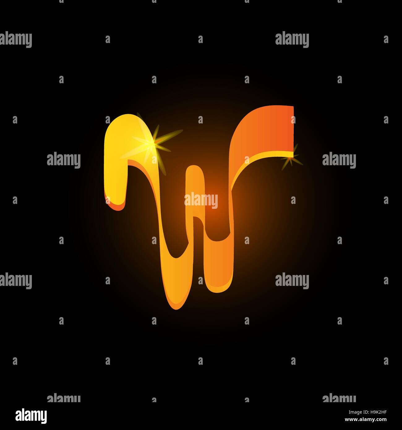 Style arabe lettre w d'or. Icône de l'élément de l'alphabet latin brillant sur fond noir. Calligraphie orientale design. Vector illustration décorative Fiery Illustration de Vecteur