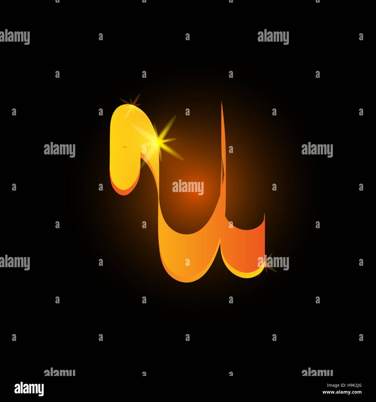 Style arabe d'or la lettre u. Icône de l'élément de l'alphabet latin brillant sur fond noir. Calligraphie orientale design. Vector illustration décorative Fiery Illustration de Vecteur