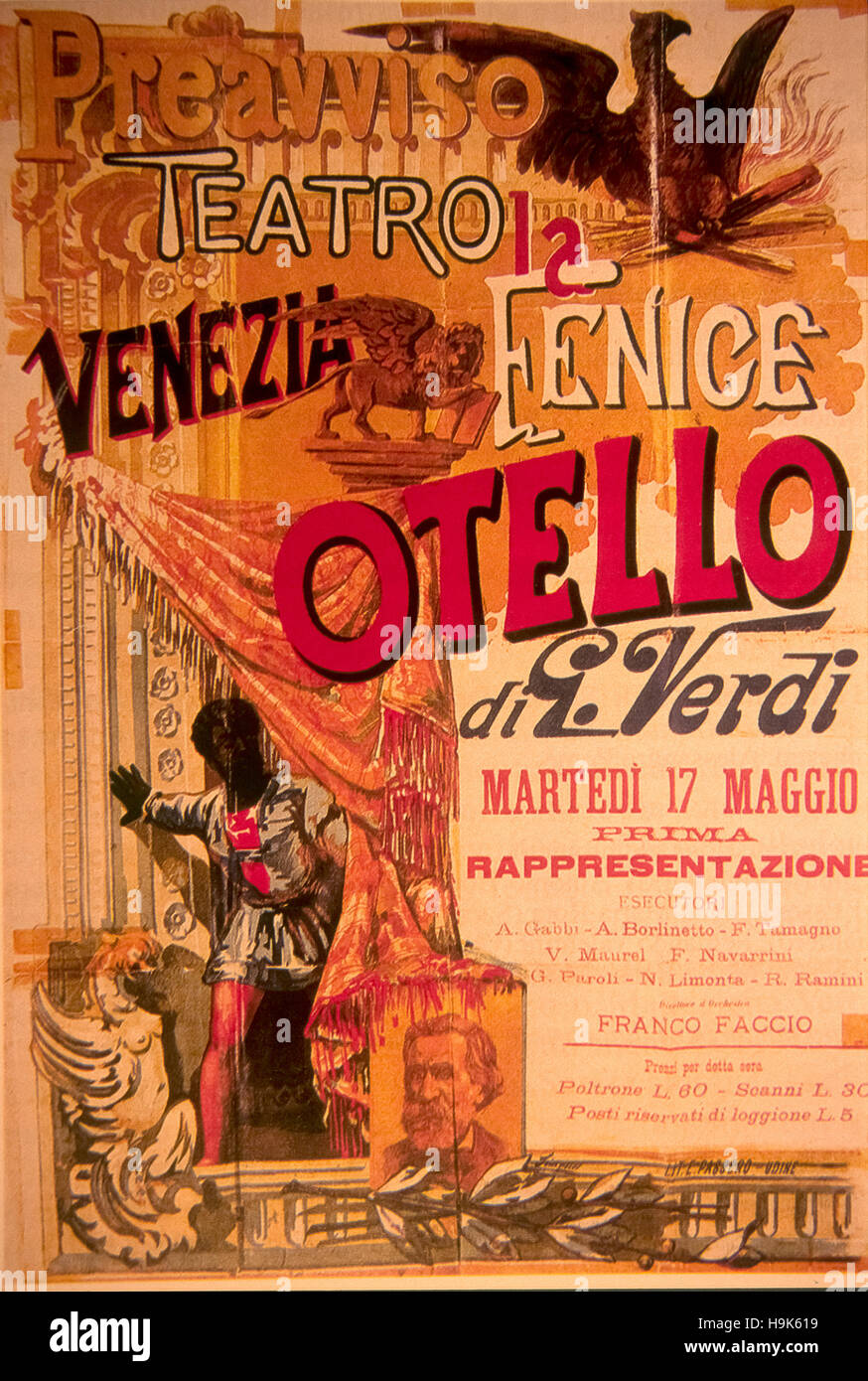 Théâtre de la Fenice de Venise Italie l'affiche de la première représentation d'Otello 17 Mai, 1887 Banque D'Images