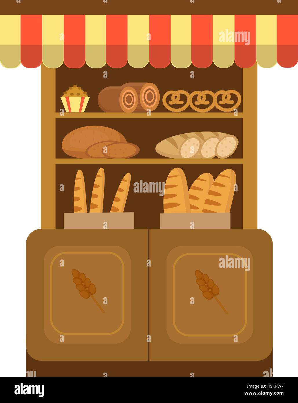 Étagère de boulangerie. La cuisson en vedette l'icône. Du pain sur la télévision , style. et pâtisseries magasins dans le supermarché. Vector illustration Illustration de Vecteur