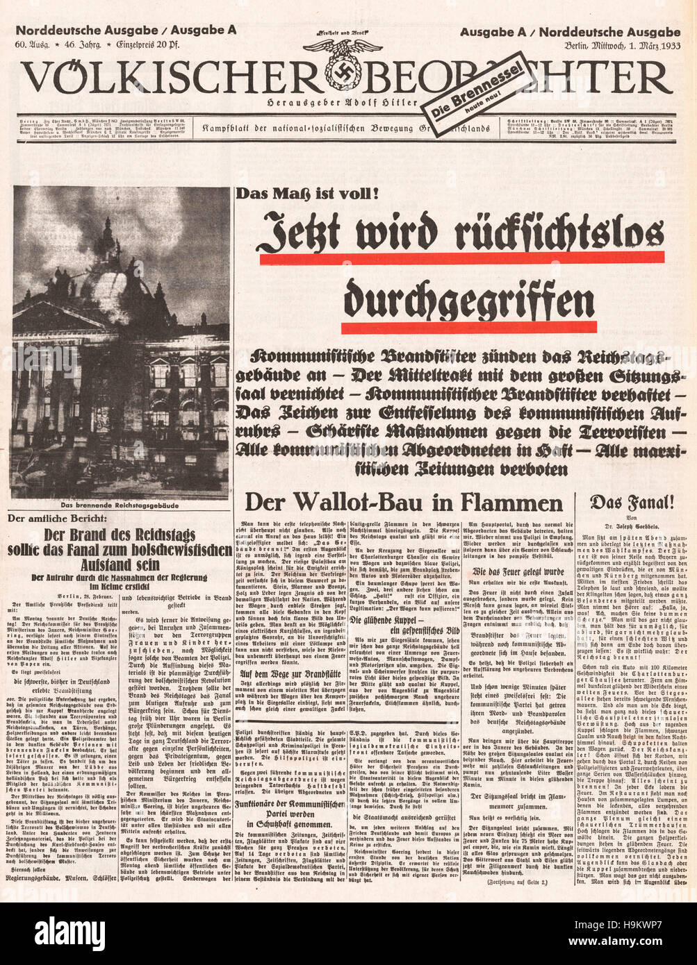 1933 Völkischer Beobachter front page (Allemagne) incendie du Reichstag Banque D'Images