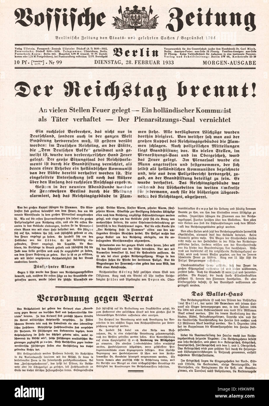 1933 Boffische Zeitung front page (Allemagne) incendie du Reichstag Banque D'Images