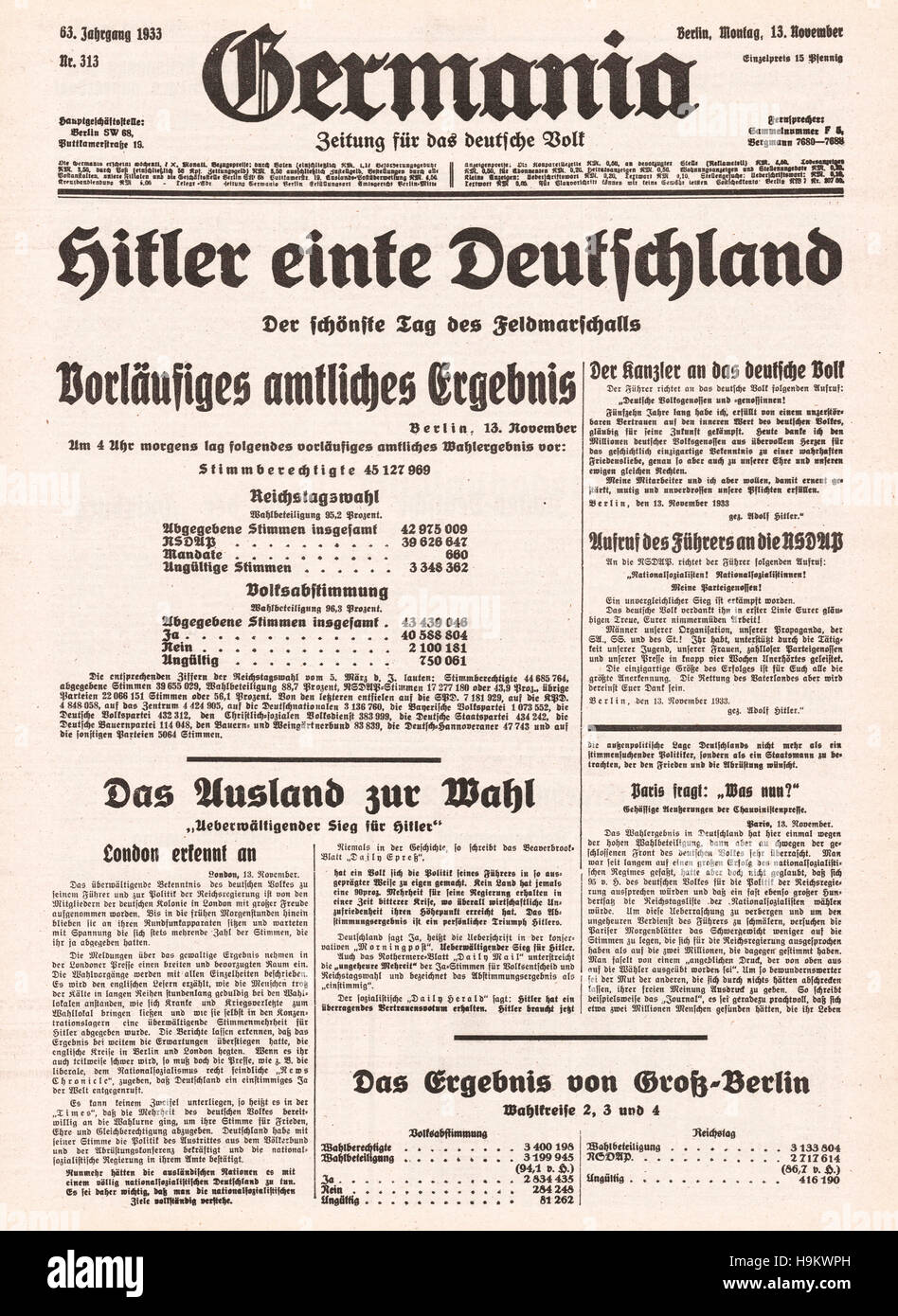 1933 front page (Allemagne) Hitler Allemagne unit après élection générale Banque D'Images