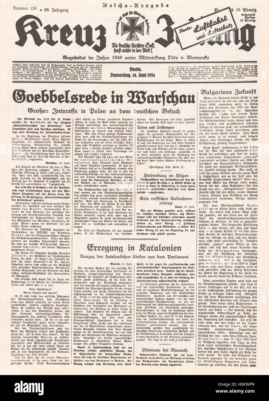1934 Kreuz Zeitung front page (Allemagne) Geobbels discours à Varsovie Banque D'Images