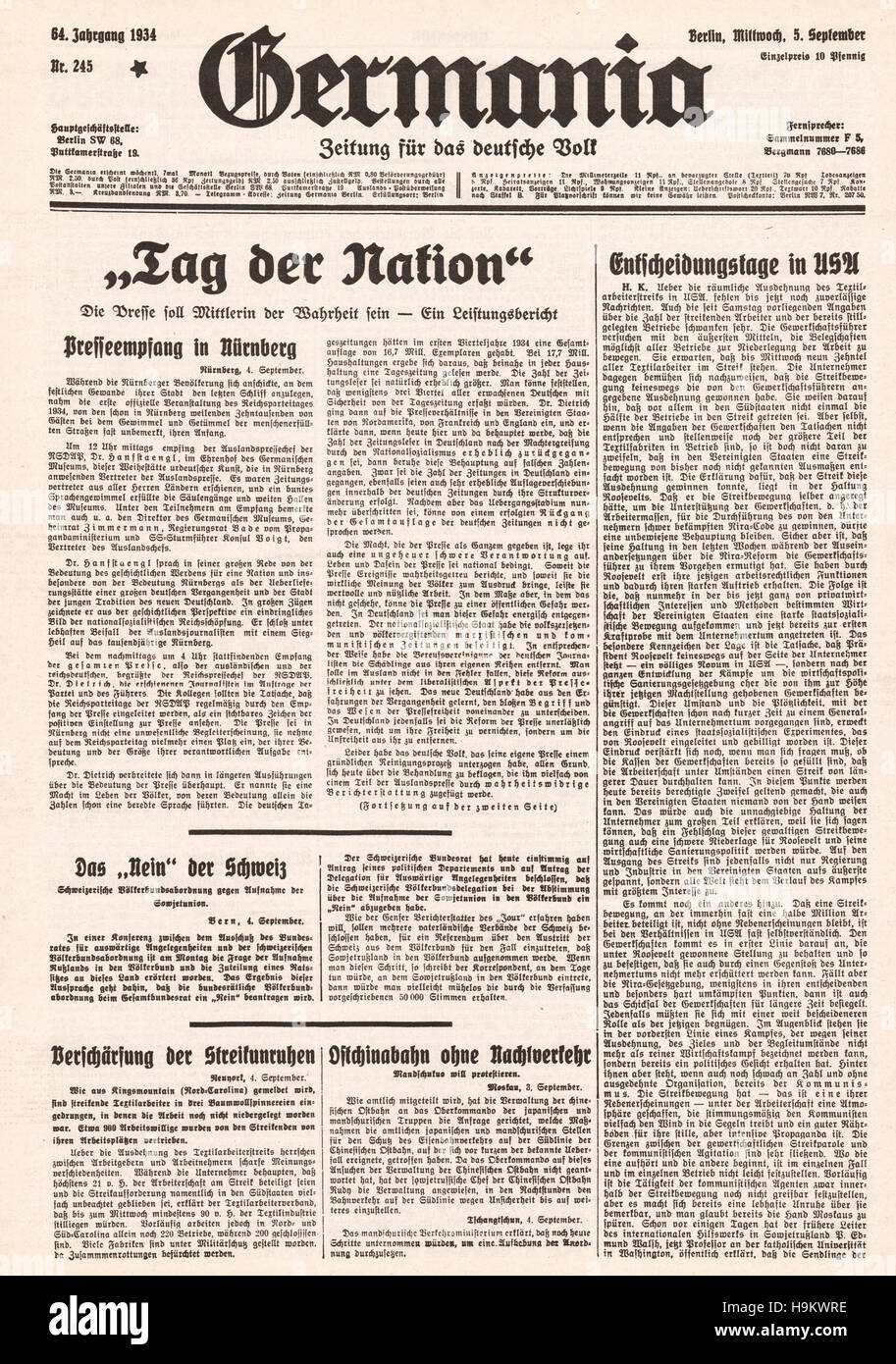 Germania 1934 front page Reich Partie Jour à Nuremberg Banque D'Images