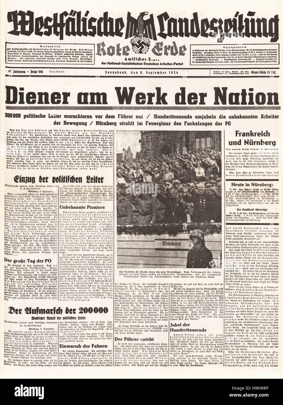 1934 Westfälischer Landeszeitung front page Reich Partie Semaine à Nuremberg Banque D'Images