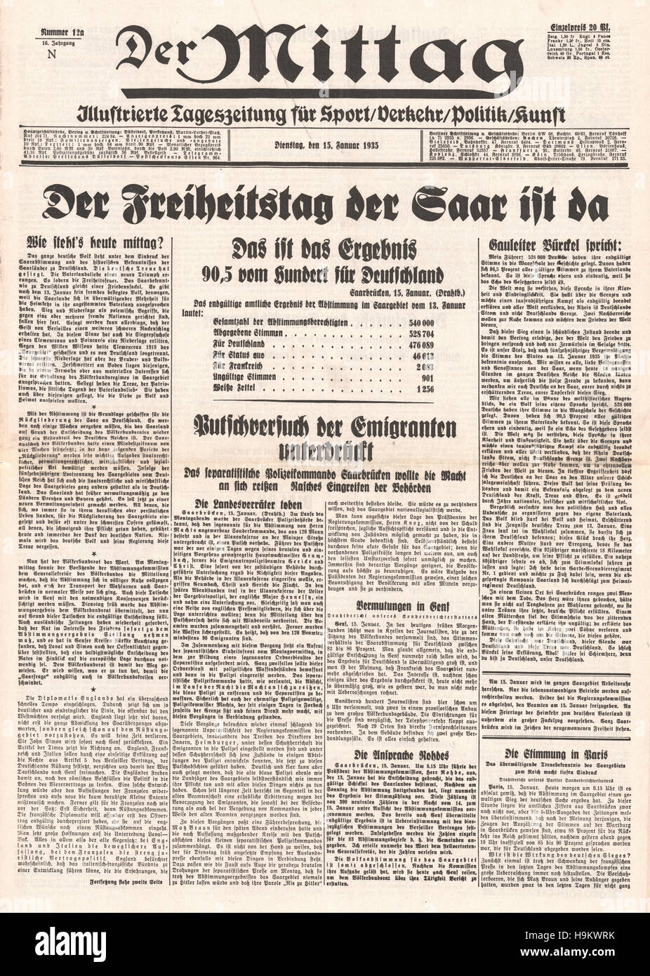 1935 Der Mittag front page (Allemagne) avec l'Allemagne réunifiée La Sarre Banque D'Images