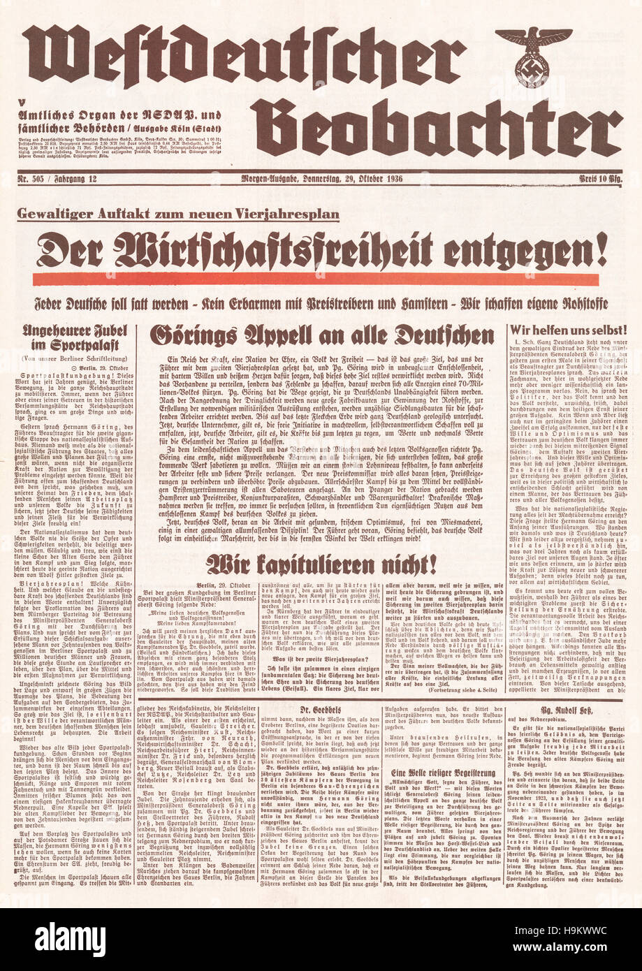 1936 Westdeutscher Beobachter front page discours économique du Goring Banque D'Images