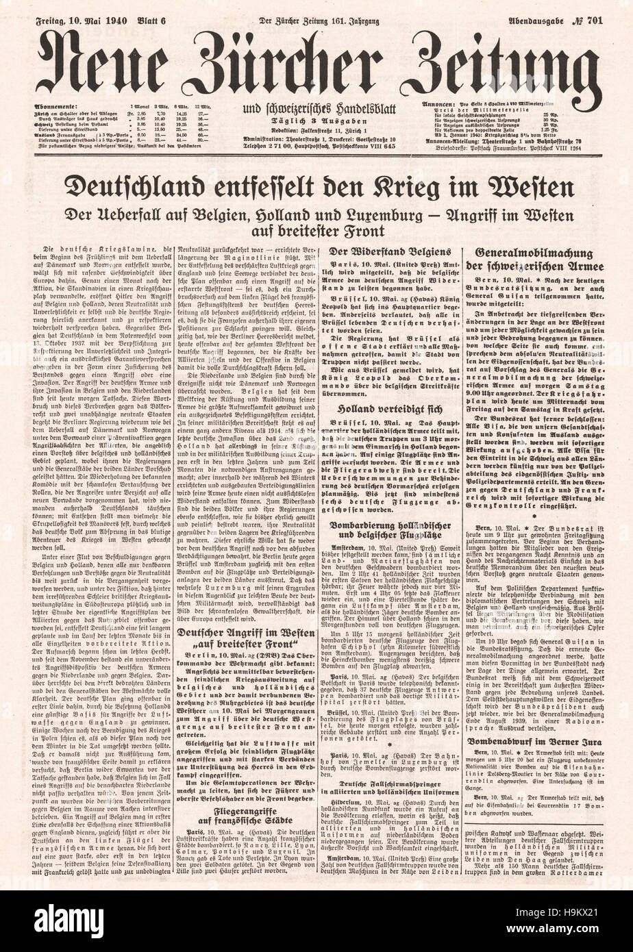 1940 Neue Zürcher Zeitung (Suisse) front page Allemagne unleases guerre dans l'Ouest Banque D'Images