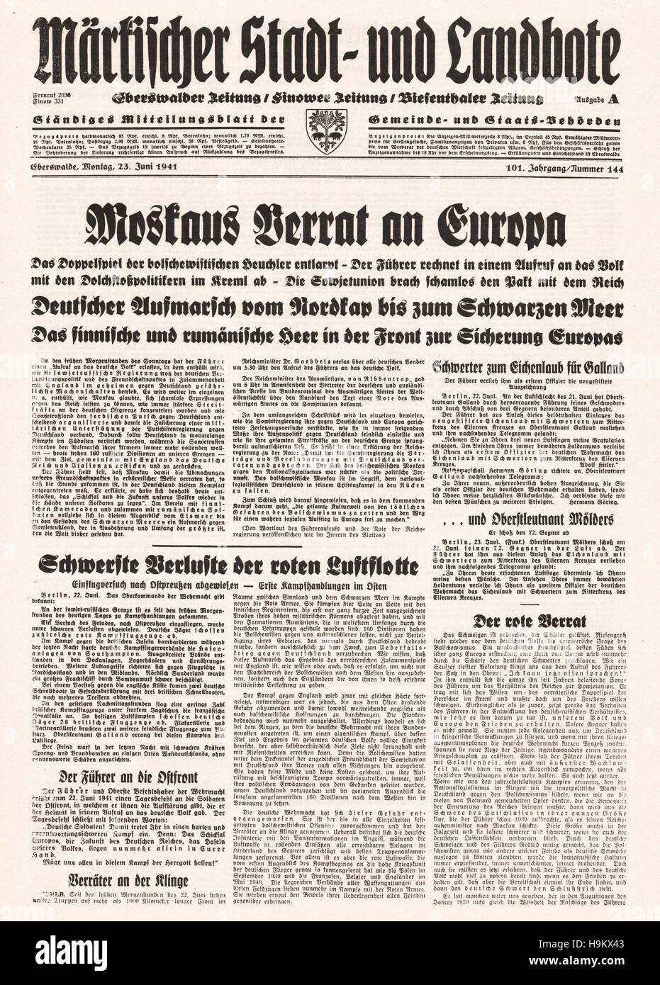 Eberswalder 1941 Zeitung (Allemagne) page de la trahison de Moscou 'Europe' Banque D'Images