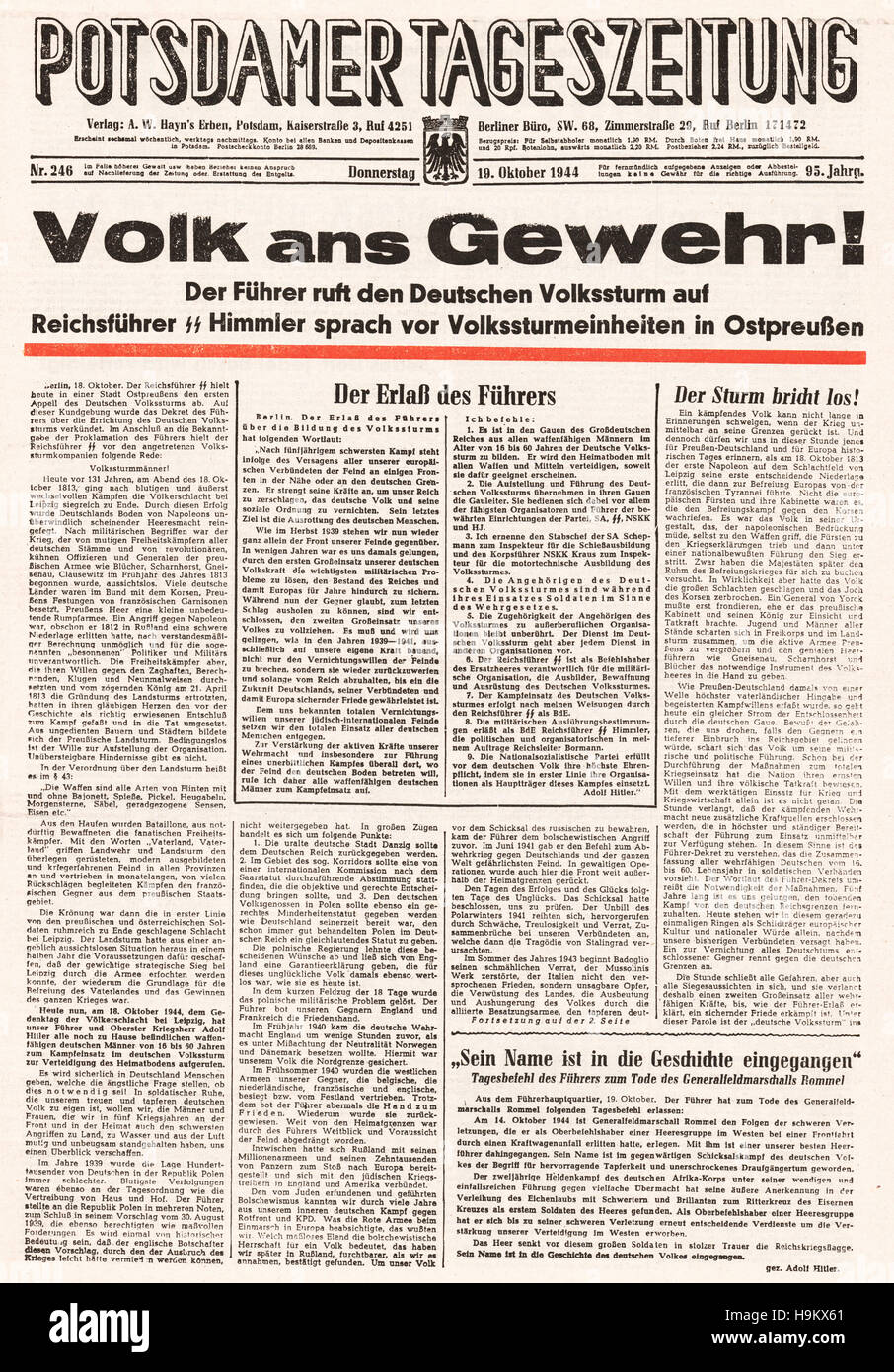 1944 Potsdamer Zeitung (Allemagne) page d'Himmler invite les Volkssturm à défendre l'Allemagne Banque D'Images