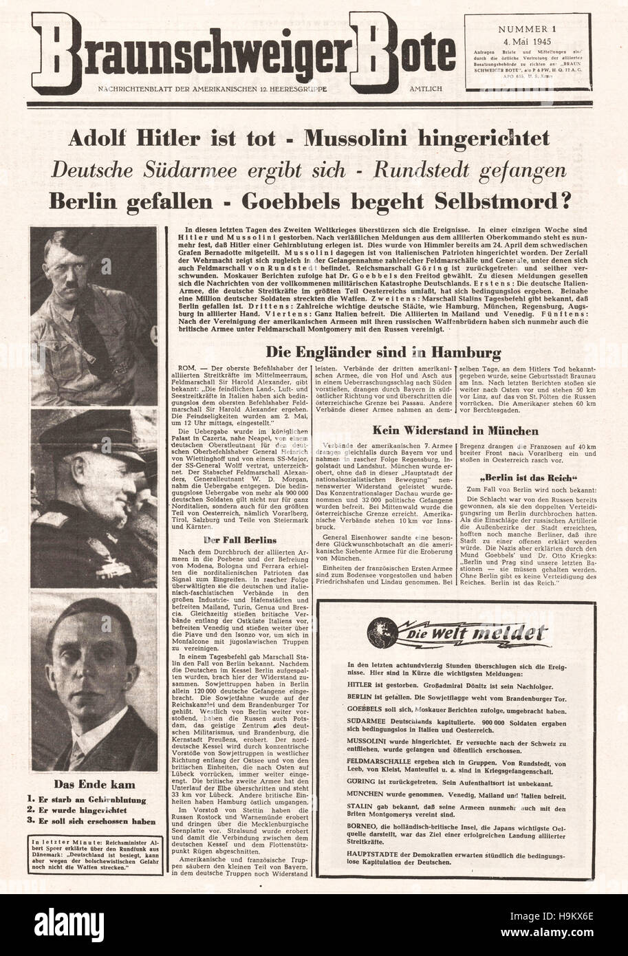 1945 Braunschweiger Worte (Allemagne) page de la mort d'Adolf Hitler Banque D'Images