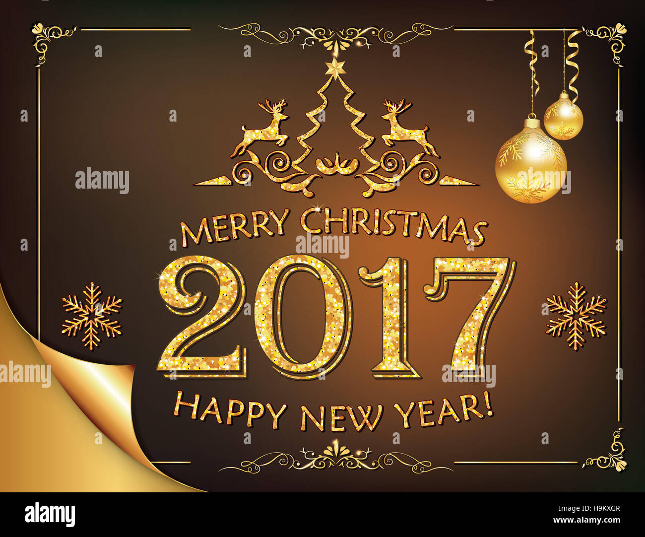 Carte de voeux élégante conception avec taches de peinture d'Or, les rennes des formes, des flocons et boules de Noël. Bonne Année 2017 Banque D'Images