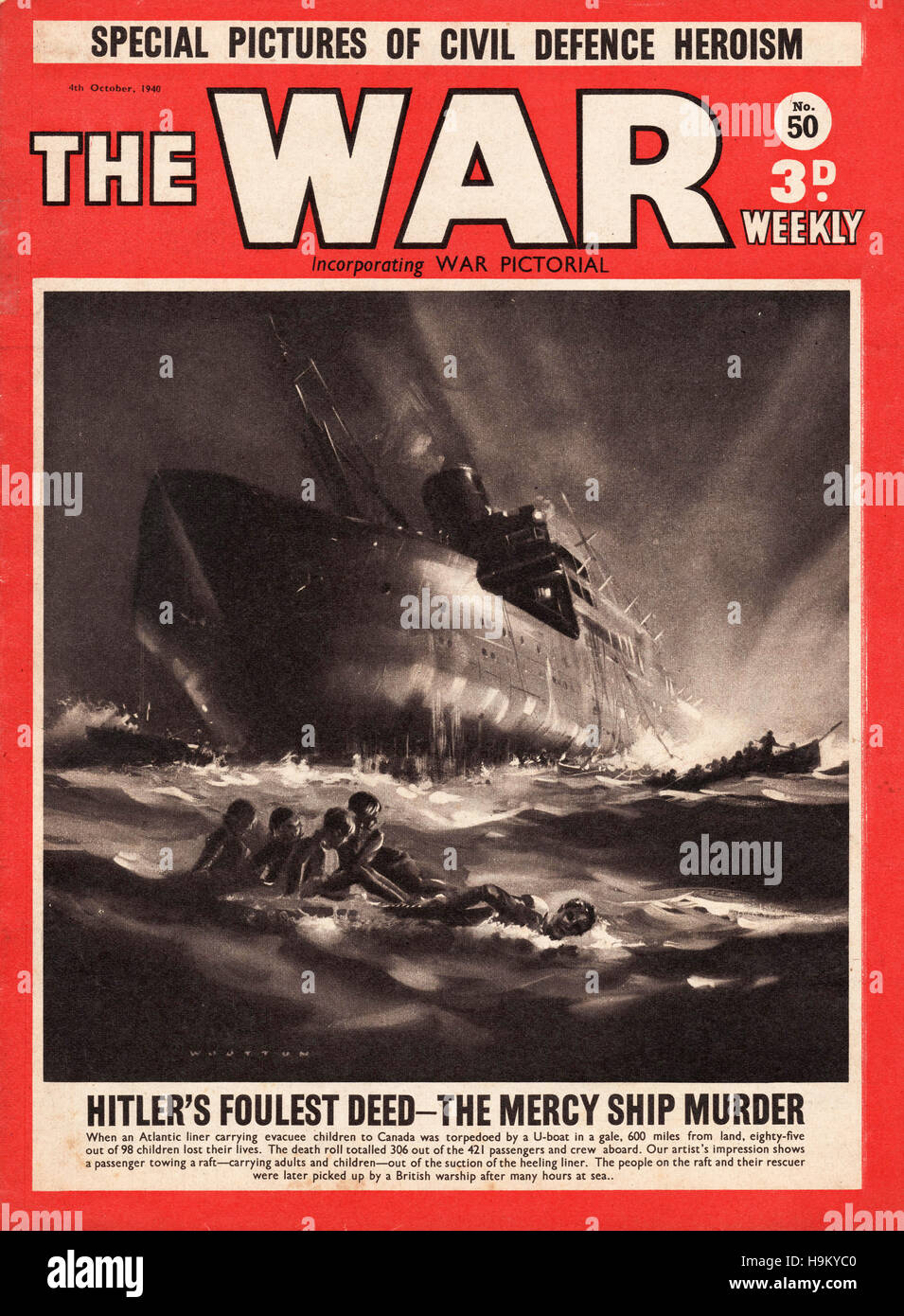 1940 Le magazine guerre front page reporting naufrage de navire à vapeur d'hébergement Ville de Benares Banque D'Images