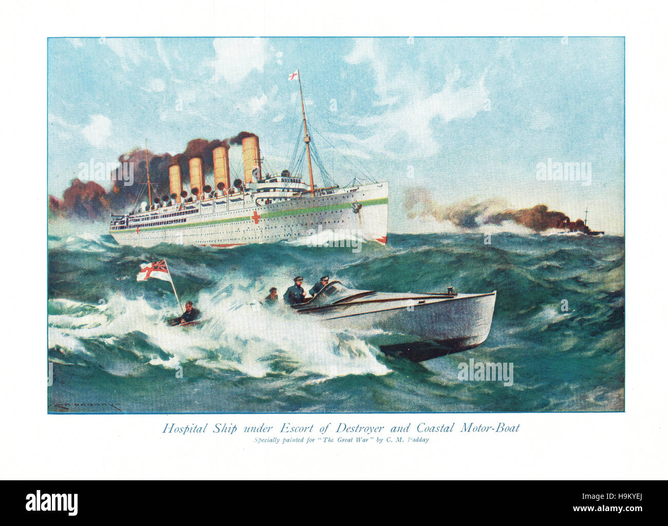 1918 La Grande Guerre Partie magazine 225 navire-hôpital sous escorte de destroyer et coastal motor-yacht Banque D'Images