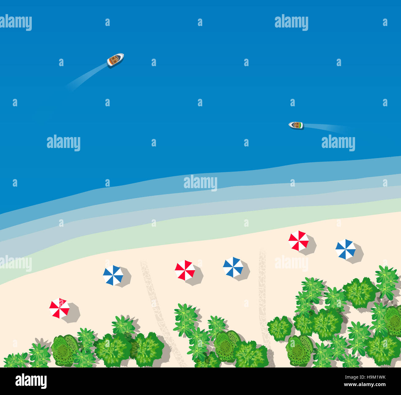 Vacances d'été à l'hôtel de l'océan avec une plage de sable blanc, les bungalows et les arbres Banque D'Images
