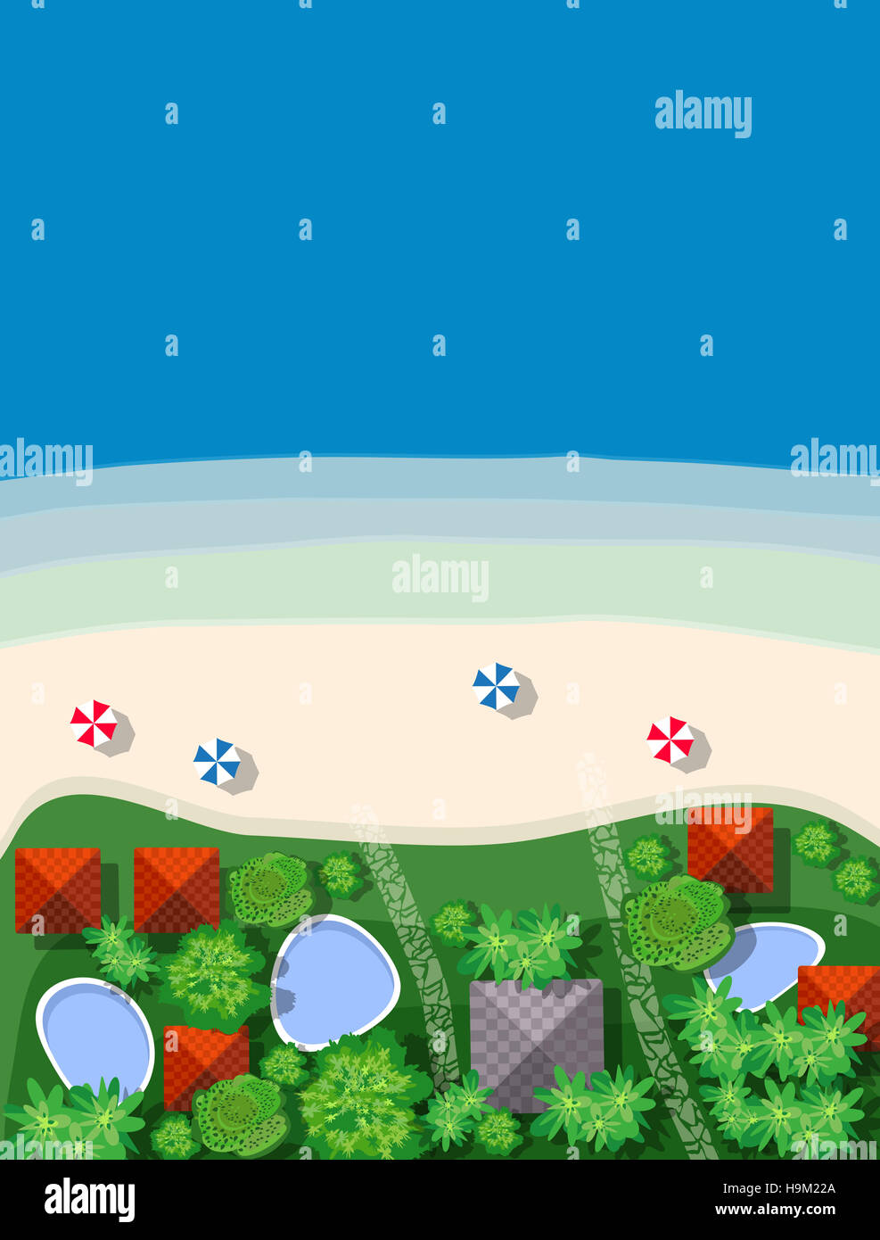 Vacances d'été à l'hôtel de l'océan avec une plage de sable blanc, les bungalows et les arbres Banque D'Images