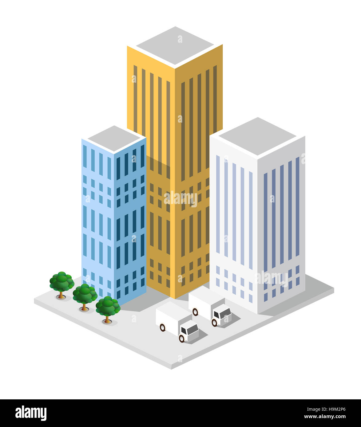 La tension isométrique dans une grande ville avec des rues, des gratte-ciel, les voitures et les arbres. Banque D'Images