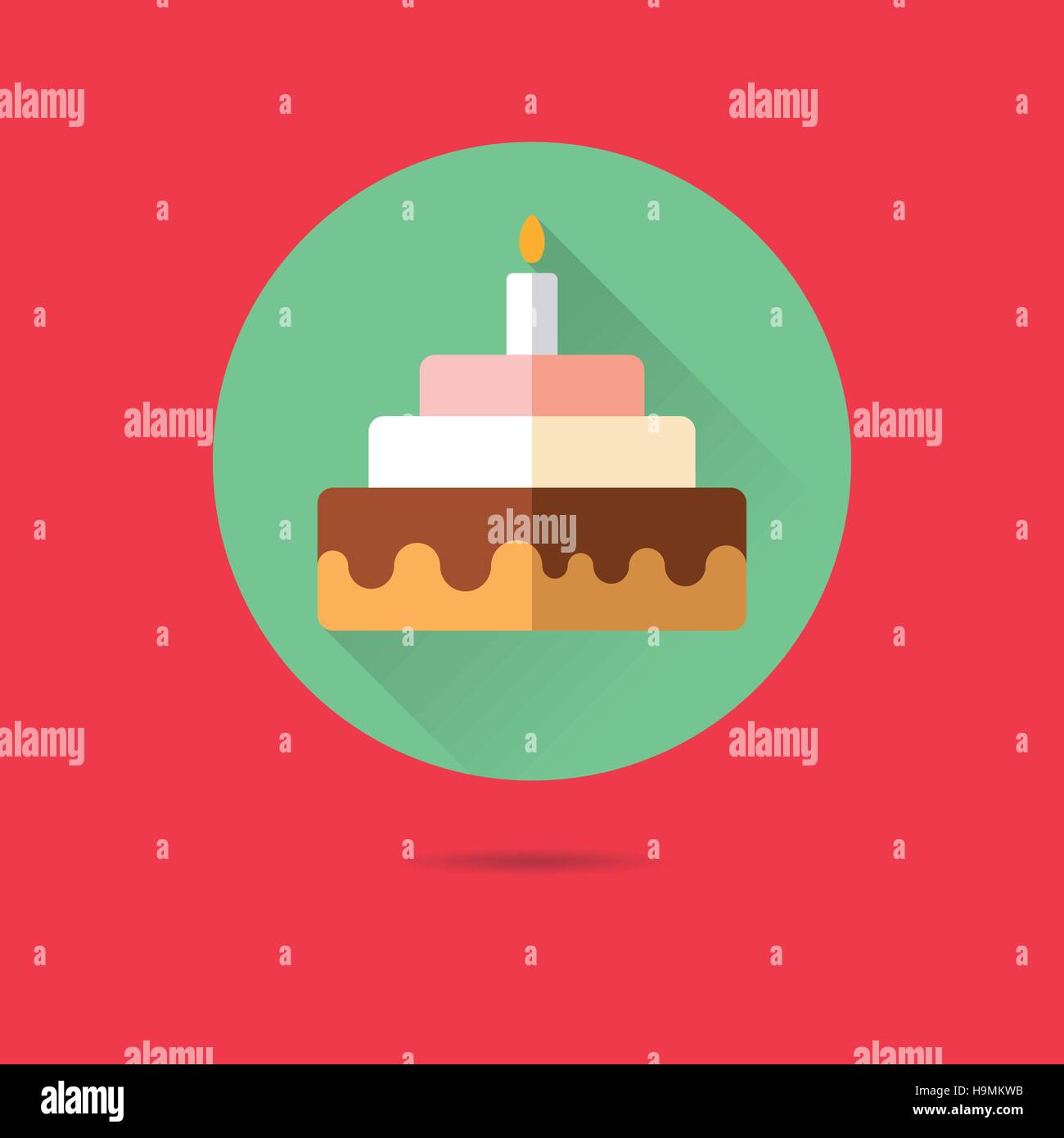 Gâteau d'anniversaire avec une bougie plate ombre portée de l'icône vecteur Illustration de Vecteur