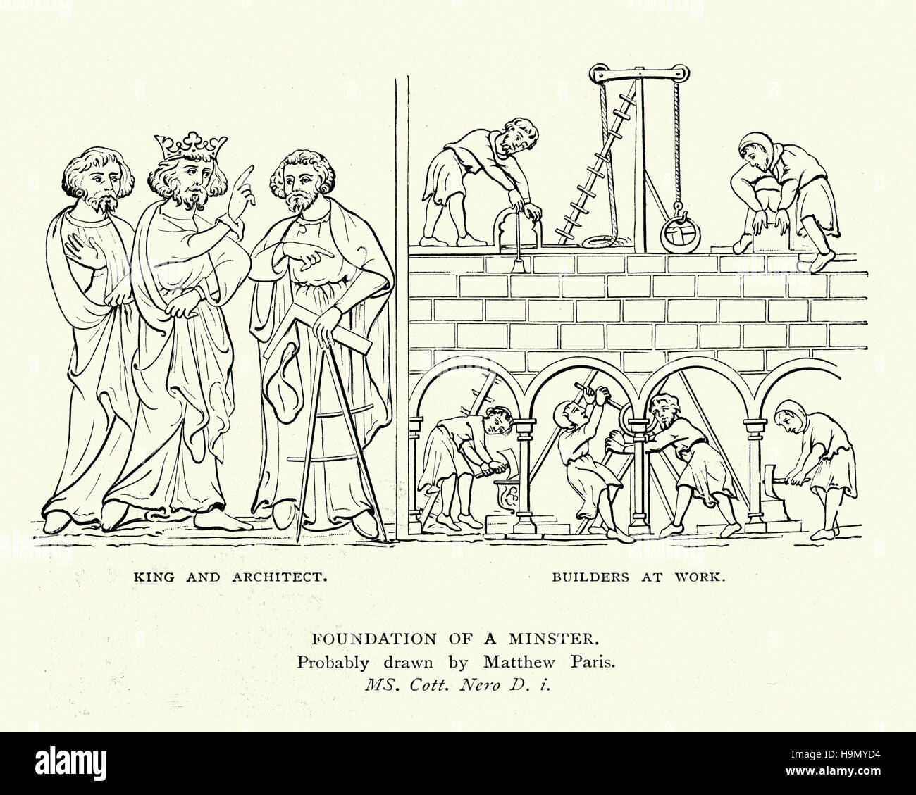 Fondation d'une cathédrale médiévale. Le roi et les architectes, constructeurs et au travail Banque D'Images