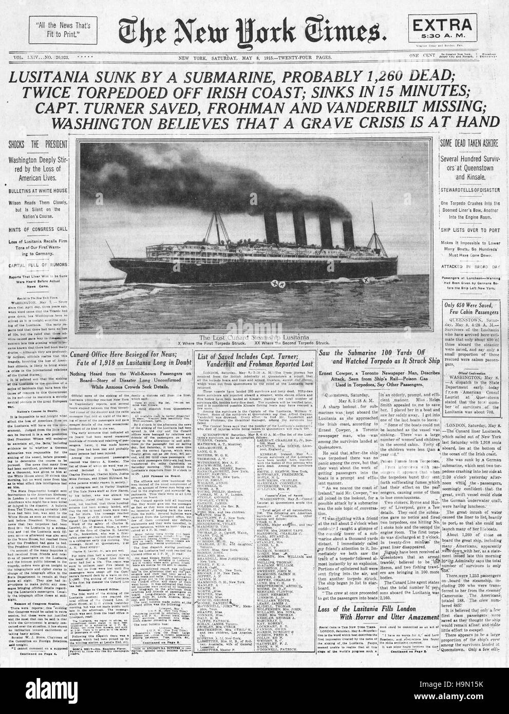 1915 New York Times page avant Naufrage du RMS Lusitania Banque D'Images