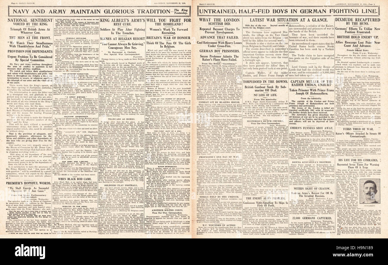 1914 Daily Sketch pages 2 & 3 ouverture du parlement et la récupération de Dixmude par l'Armée Allemande Banque D'Images