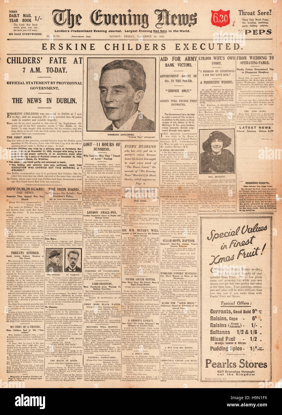 1922 Evening News front page (Londres) Exécution des nationalistes irlandais Robert Erskine Childers Banque D'Images