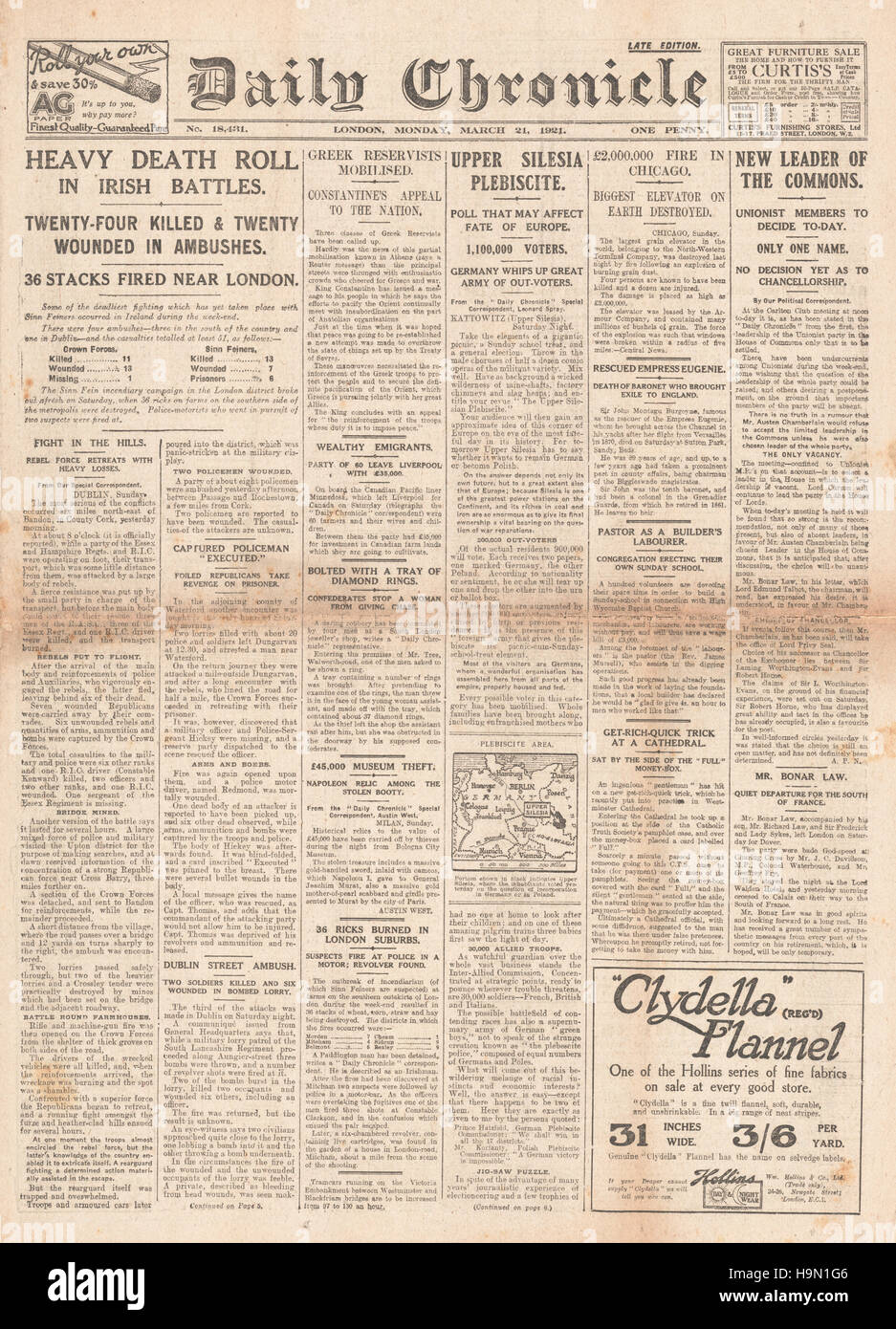 1921 Daily Chronicle page avant guerre civile irlandaise Banque D'Images