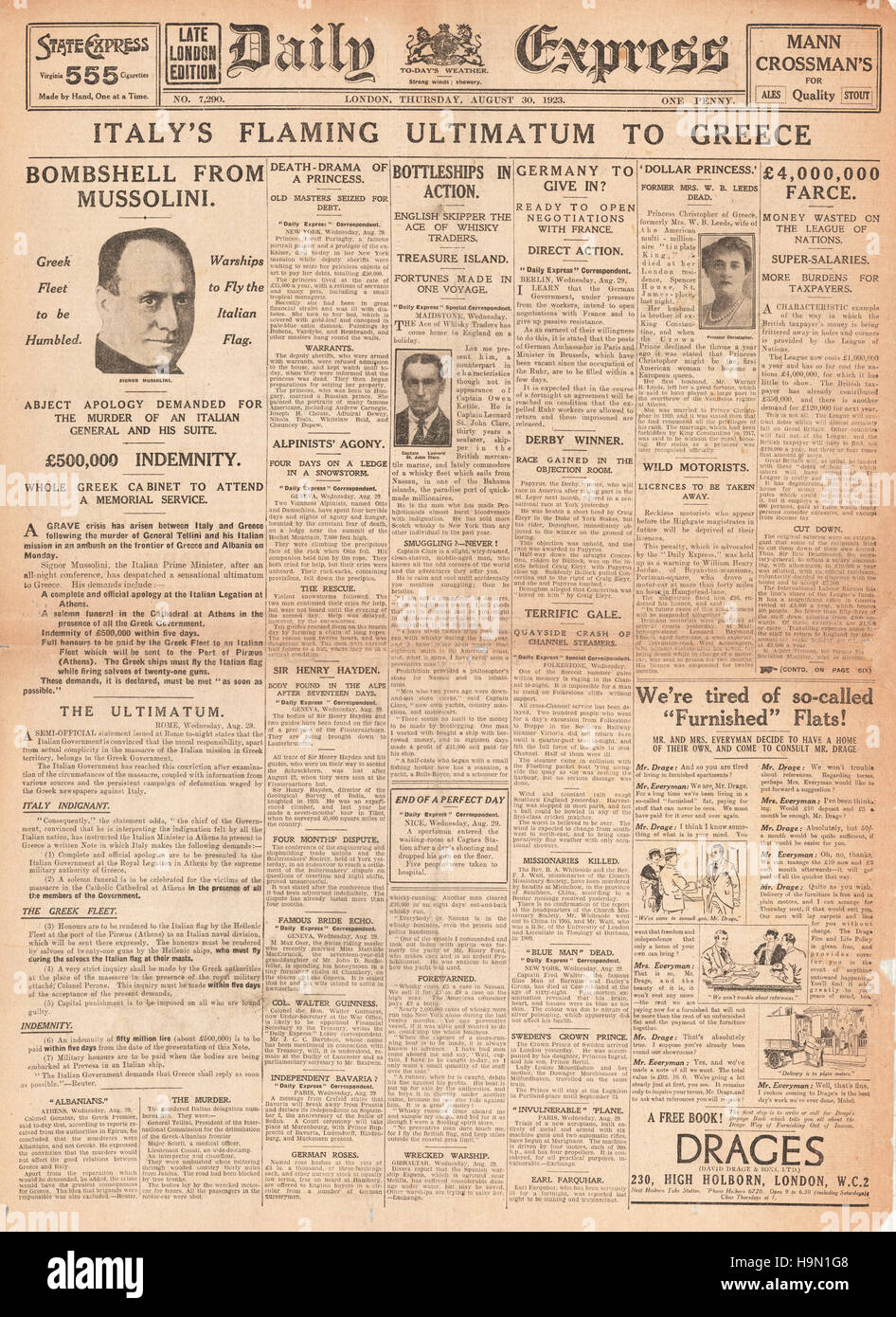 1923 front page Express quotidien donne Mussolini ultimatum à la Grèce après la mort du général Tellini's et sa mission italienne Banque D'Images