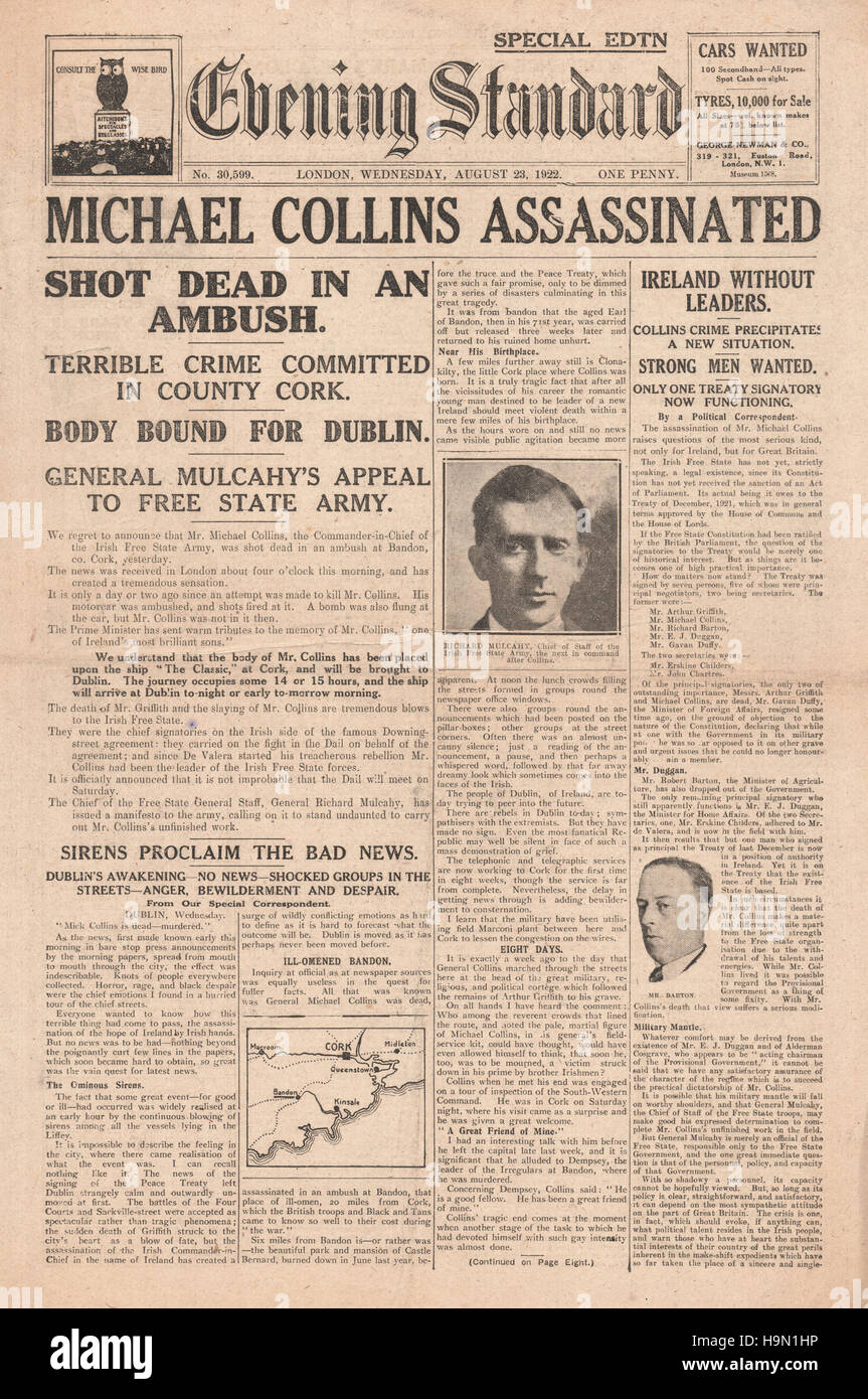 1922 Evening Standard page d'assassinat de Michael Collins Banque D'Images