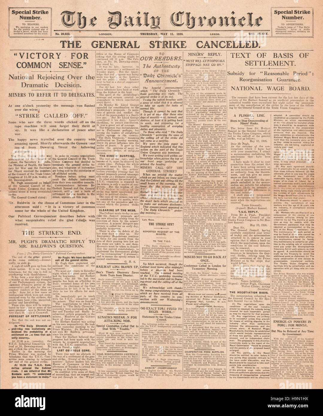 1926 Daily Chronicle grève générale annulée Banque D'Images