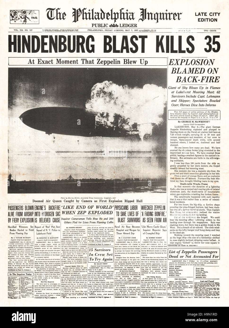 1937 Le Philadelphia Inquirer (USA) page d'information financière les zeppelin Hindenburg catastrophe de Lakehurst, New Jersey Banque D'Images