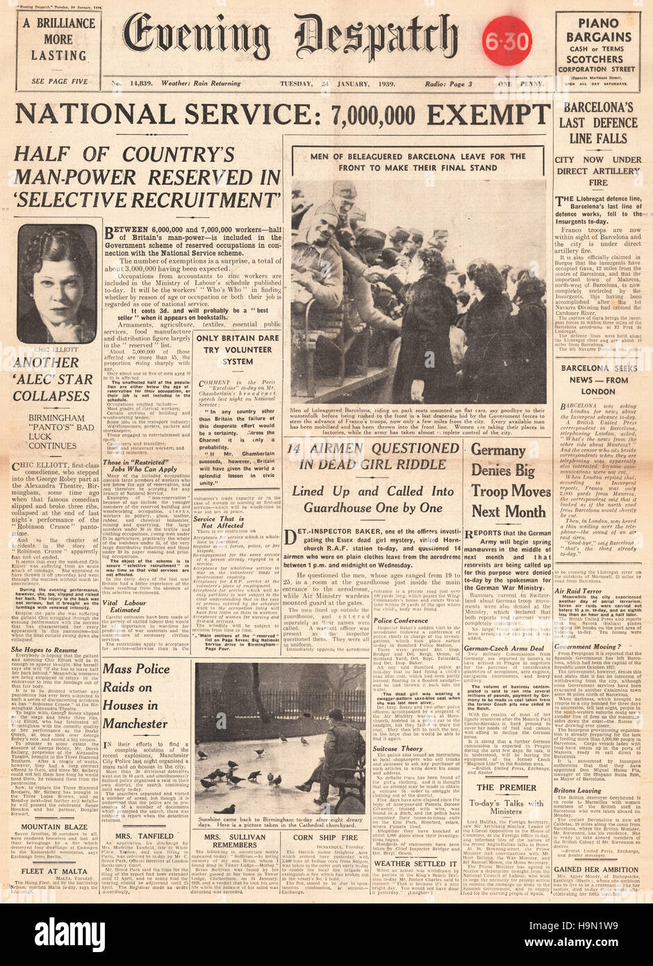 Soirée 1939 front page d'expédition Service National Banque D'Images